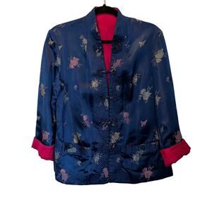 Vtg Peony Shanghai Sz L Blue Pink Reversible Satin Embroidered Brocade Jacket